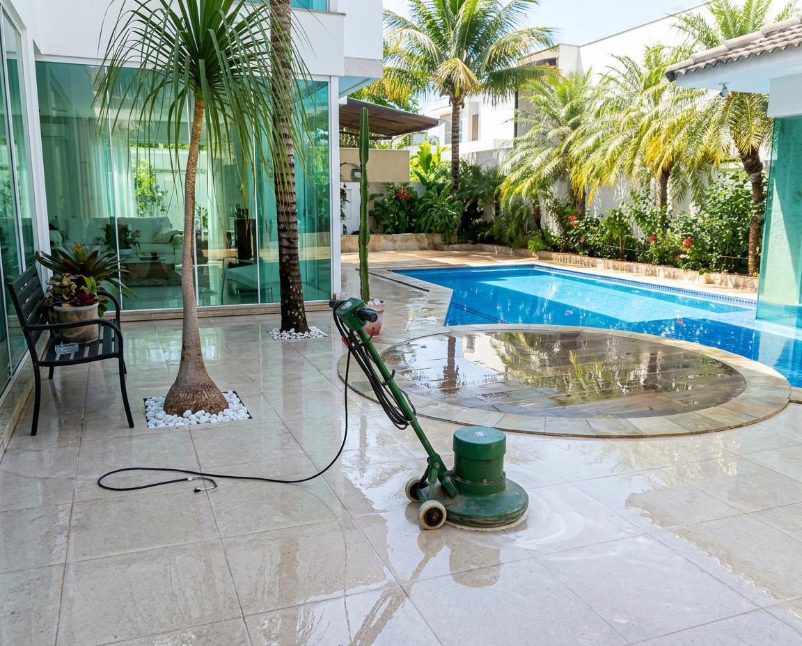 Serviço profissional de limpeza de piso em área de piscina