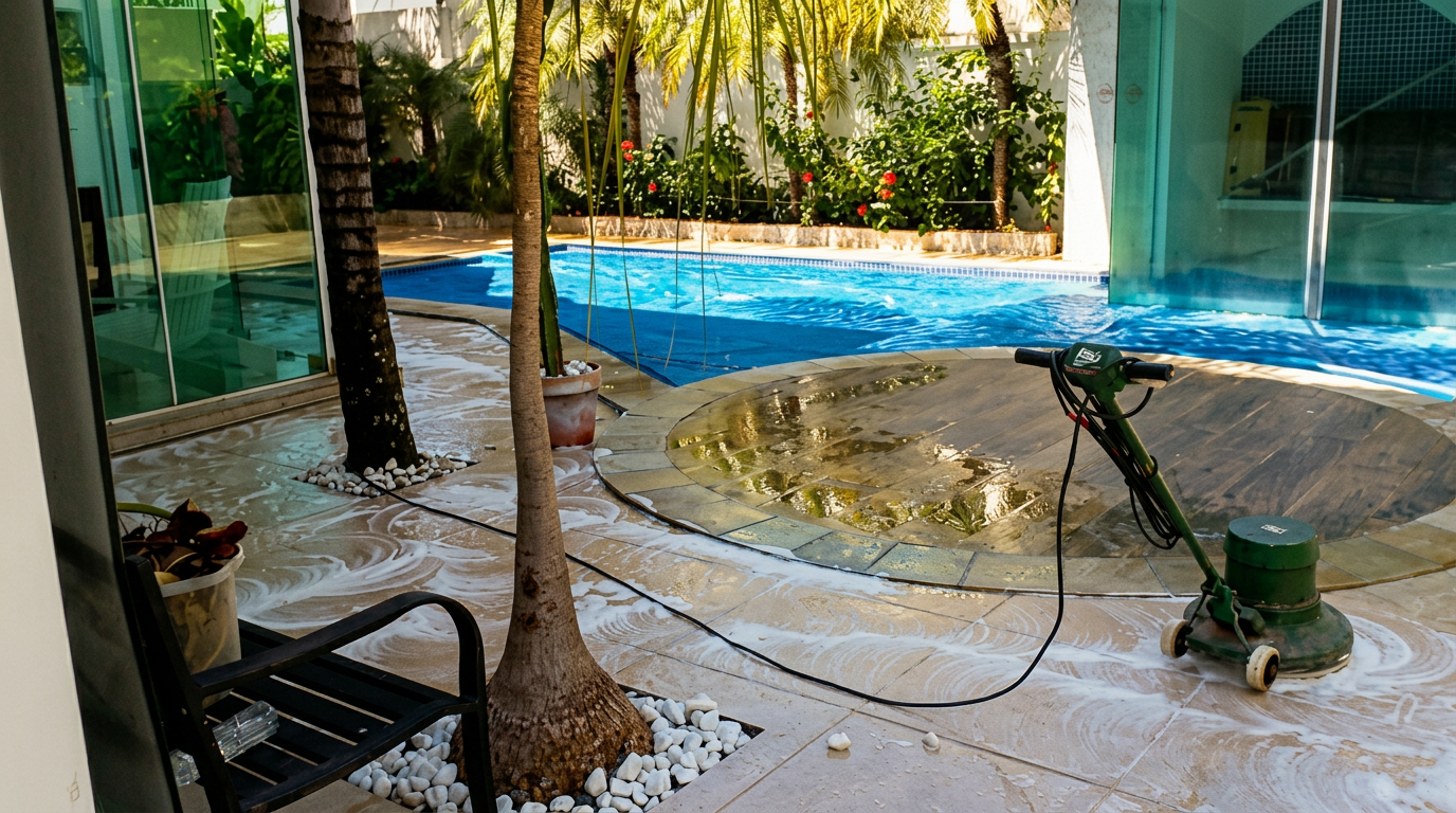 Serviço profissional de limpeza da JM Limpeza Go em área de piscina